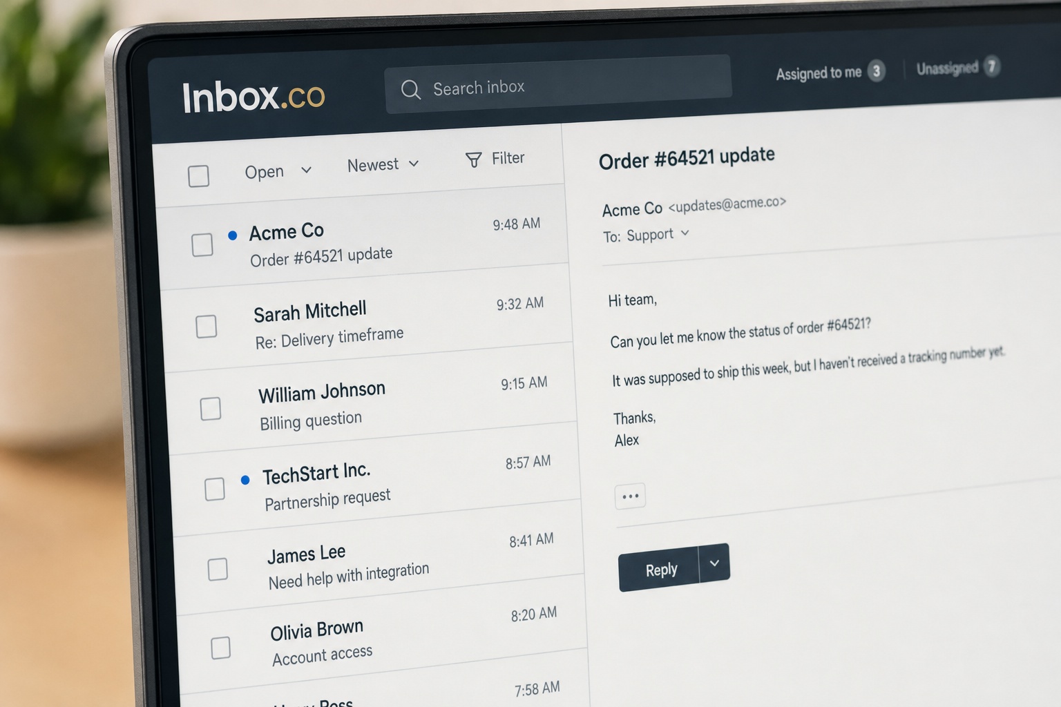 Inbox workspace displayed on a desktop monitor