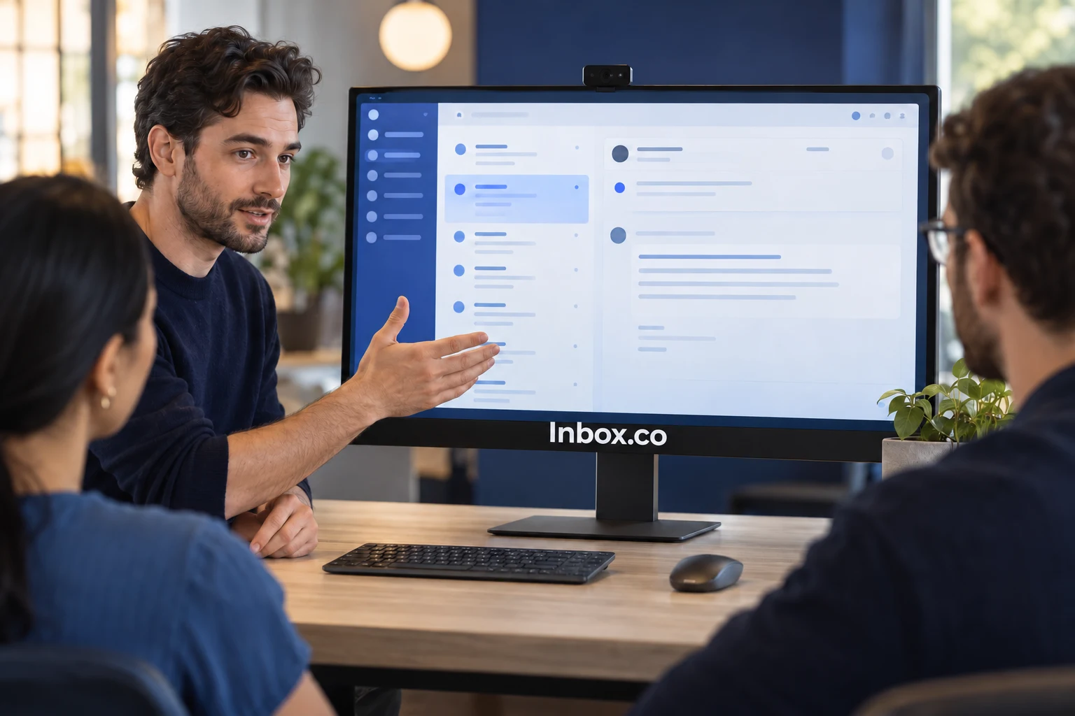 A product builder working in a bright communication software studio